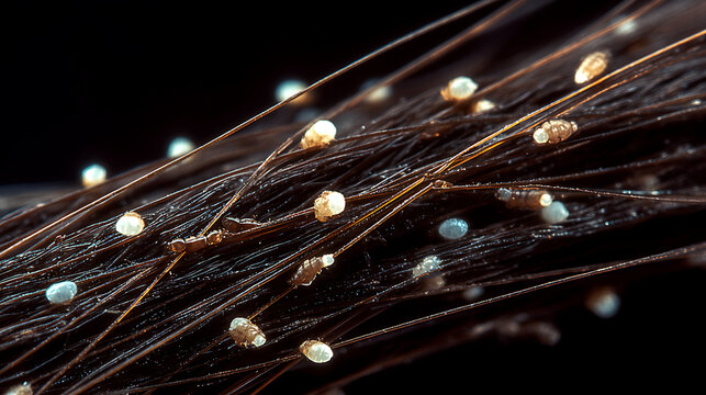 Macro view of lice nits attached to dark brown hair strands close up eggs