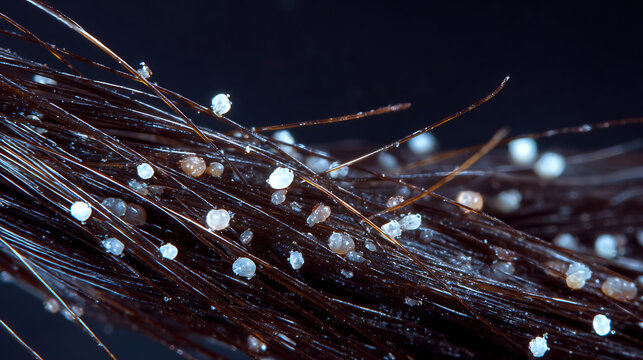 Macro view of nits attached to dark brown hair strands close up lice eggs