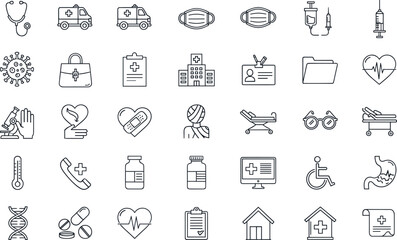 Medical and healthcare line icon set, stethoscope, ambulance, hospital, syringe, virus, DNA, thermometer, and first aid symbol vector collection.
