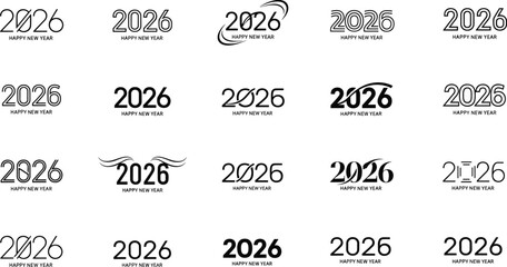 Mega set of 2026 Happy New Year creative logo designs, elegant typography, black and white line art vector templates for greeting cards and festive celebration.