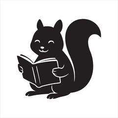Black silhouette of a happy squirrel reading an open book vector