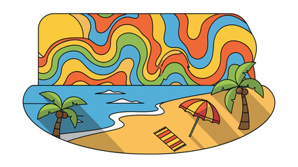  tropical beach vector with palm trees, umbrella, and colorful wavy sky