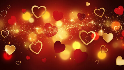 Obraz premium Romantic red background with glowing hearts and golden sparkles