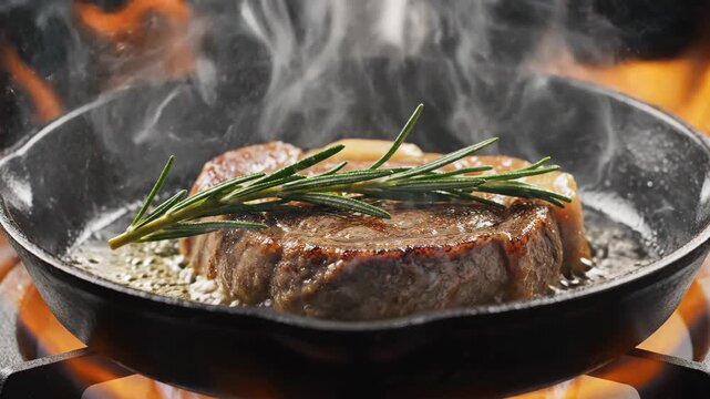 Slow motion macro of steak searing in cast iron pan with rosemary over flames. Splattering oil and rising steam during beef cooking process