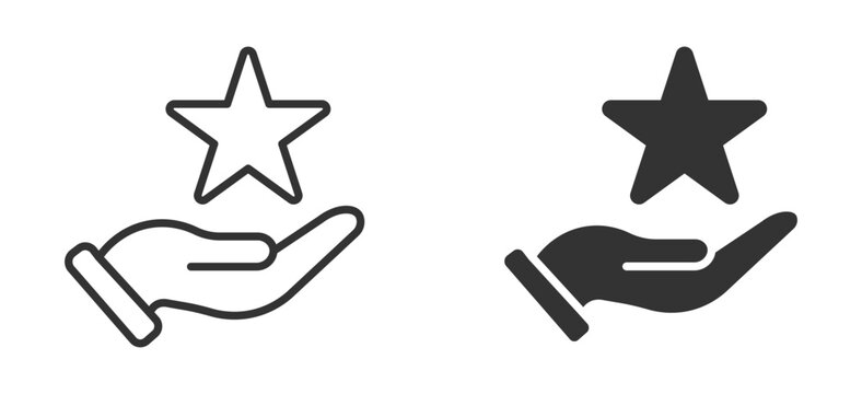 Star reward in hand icon set in outline and silhouette style representing achievement, recognition, quality service, customer satisfaction, and excellence vector illustration