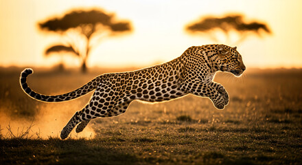 Obraz premium Leopard running in savannah grassland with acacia trees at sunset