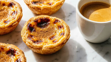 Group Of Portuguese Pastel De Nata Egg Tarts With Cup Of Espresso Morning Coffee And Pastry