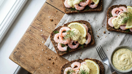 Flat Lay Of Traditional Danish Smorrebrod Open Sandwiches With Shrimp And Lemon Danish Shrimp Open Sandwiches