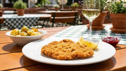 Crispy Wiener Schnitzel Served With Lingonberry Jam And Potatoes Outdoors Traditional German Austrian Lunch