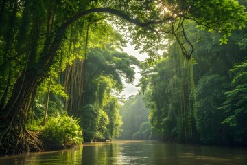 Sunlight filtering through a dense tropical jungle canopy over a calm river
