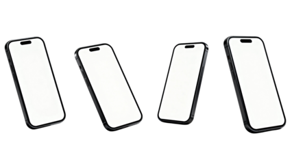 Four modern smartphones with blank white screens angled on a white background.