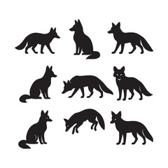 Collection of nine black fox silhouettes in various poses animal wild animal