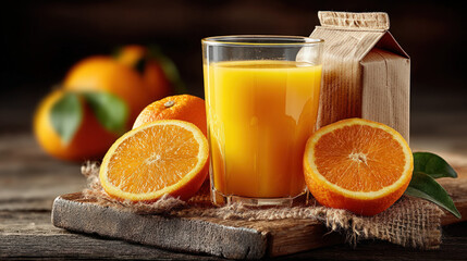 Drink carton of orange juice on a wooden table