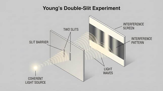 Educational diagram of Young's Double-Slit Experiment showing light wave diffraction, interference, and the resulting pattern on an observation screen.