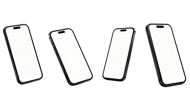Four modern smartphones with blank white screens angled on a white background.