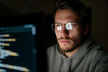 A young programmer with glasses is deep in concentration while coding on a computer, highlighting the dedication and focus required in the tech industry.
