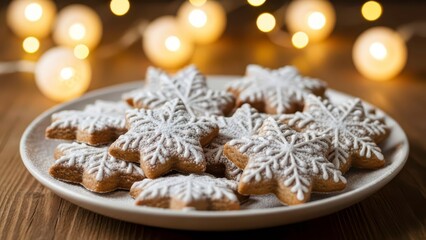 Fototapeta premium Plate of festive Christmas gingerbread cookies shaped like snowflakes with white icing decoration (जिंजरब्रेड कुकीज़)