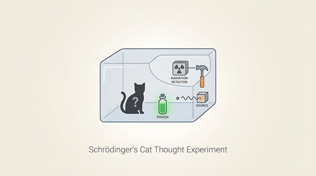 Illustration depicting the famous Schr&ouml;dinger's Cat thought experiment demonstrating quantum superposition in physics.