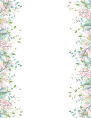 Watercolor hand painted blue, pink, turquoise, green branches and leaves delicate seamless border. Floral arrangement template design clipart.