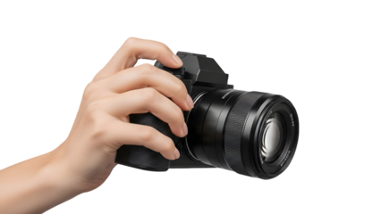A hand holding a black digital camera with a large lens on white background