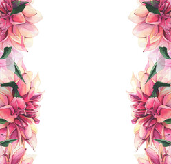 Watercolor hand painted bright frfrpink and orange dahlia flower and green leaves seamless border. Floral arrangement template clipart.