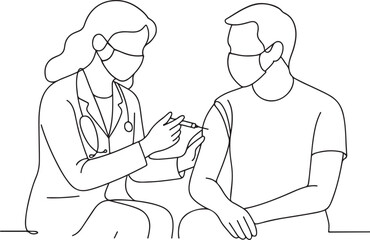 Medical Vaccination Scene Line Drawing Protective Masked Doctor