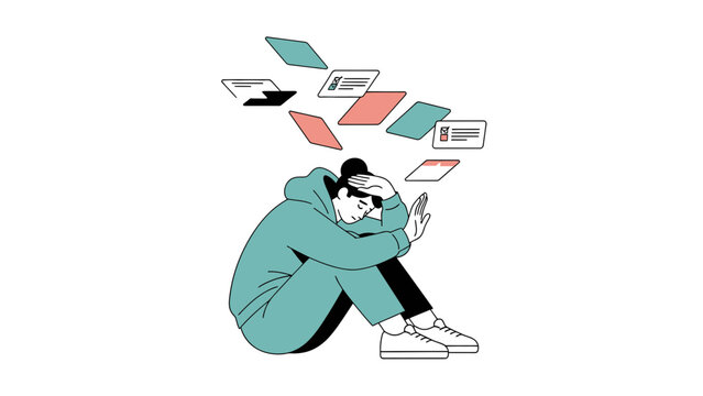 Illustration of a person overwhelmed with thoughts and information overload vector