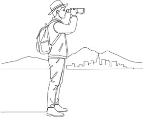 Tourist Man Using Binoculars Line Drawing Travel Exploration