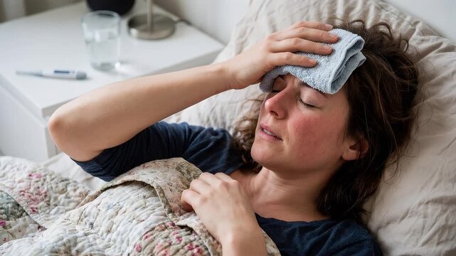 Sick woman with a fever lying in bed with a cold compress on her forehead, breathing with difficulty while experiencing illness