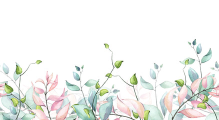 Watercolor hand painted blue, pink, turquoise, green branches and leaves delicate seamless border. Floral arrangement template design clipart.