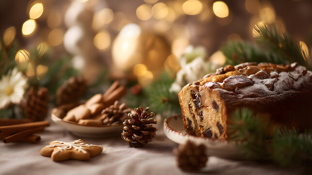 Fresh Baked Plum Cake with Pine Nuts, Cookies, and Festive Lights on a Cozy Christmas Table