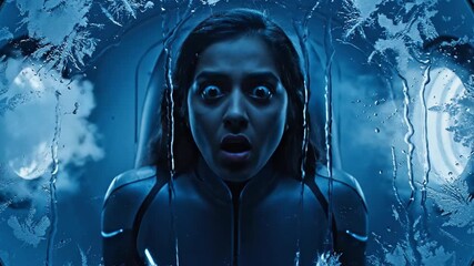 Woman awakening in futuristic pod from top-down view. Eyes widening in surprise inside blue-lit cryogenic chamber. Sci-fi revival sequence showing calm to shocked expression.