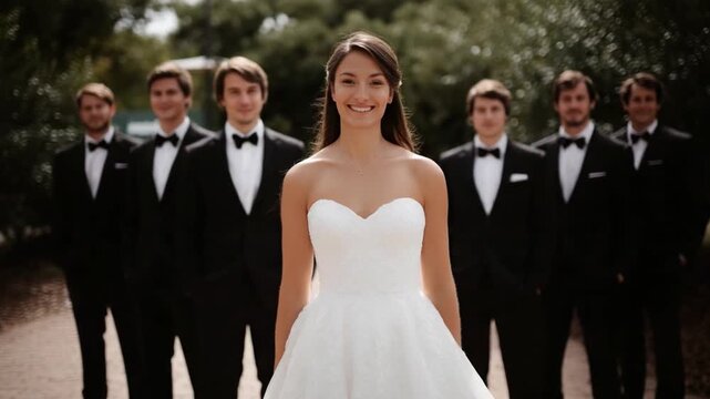 This stunning video showcases a bride with her wedding party. The elegant attire and joyful atmosphere create a memorable scene. Ideal for wedding inspiration. AI