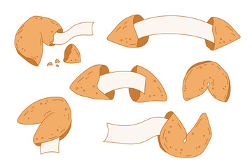 Hand drawn fortune cookies with blank paper strips isolated on white background. Cute bakery illustration for predictions messages design.
