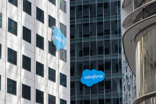 San Francisco, CA, USA - Feb 22, 2024: Salesforce logo is seen at the company's headquarters campus in San Francisco, California. Salesforce, Inc. is an American cloud-based software company.