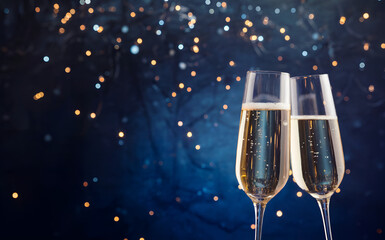 Two champagne glasses toasting with dark blue bokeh lights, luxury sparkling wine celebration background for new year eve, christmas party or wedding anniversary, elegant festive holiday banner.