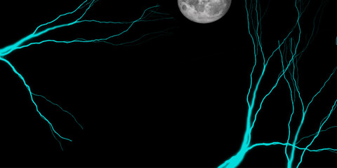 Massive lightning bolt with branches isolated on black background. lightning effect on black background. Thunderbolt with rays of light. Heavy clouds bringing thunder, lightnings and storm.  © Sofiqul