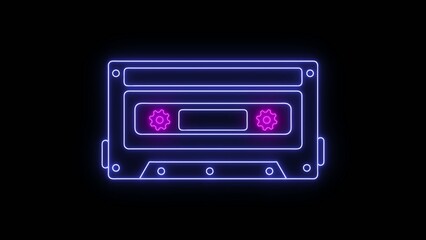 Fototapeta premium Blue neon outline of a cassette tape with purple gears on a Generate title without using the word 