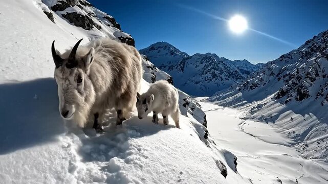 Mountain Goats in Snowy Alaska - A Mother and Kids Winter Adventure.
