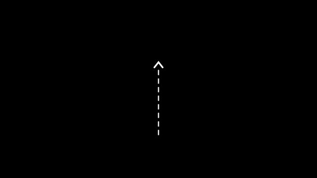 Up arrow direction icon with dotted line animation on Black background. dot arrows icon sign animated with alpha channel. white straight arrows animation optimized for UI motion clarity