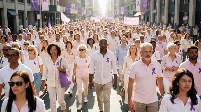 Diverse crowd of men and women marching on the street with purple ribbons, flags and banners for cancer awareness, camera tracking backwards