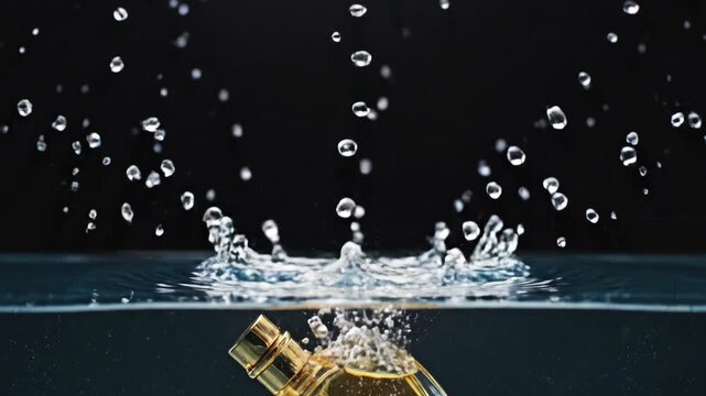 High-speed macro sequence of golden crown splashing into clear water with dynamic droplets and ripples