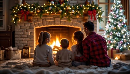 A family of four gathered around a fireplace in a festive setting, likely during Christmas time, as indicated by the lit fireplace and decorated evergreen branches above it