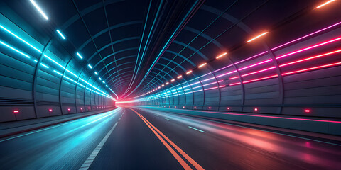 Abstract Digital Light Tunnel with Neon Streaks: Futuristic High Speed Data Fiber Optics and Cyber Highway for 5G Connectivity and Fast Internet Concept