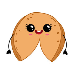 Adorable fortune cookie character with smiling face and arms isolated on white background. Kawaii style illustration for stickers and fun designs.