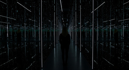 Woman Stands in a Hallway with Infinite Reflections