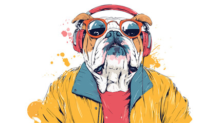 Playful Bulldog DJ Spinning Tunes at Festival - Vector Illustration