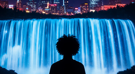 Silhouette of Person Watching Illuminated Waterfall at Night