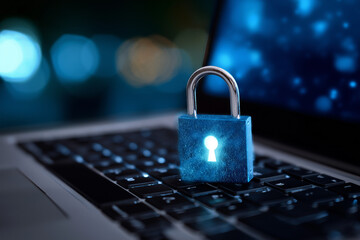 A glowing lock placed on a laptop keyboard represents digital security, emphasizing the importance of protecting online information and safeguarding personal data in the digital age.
