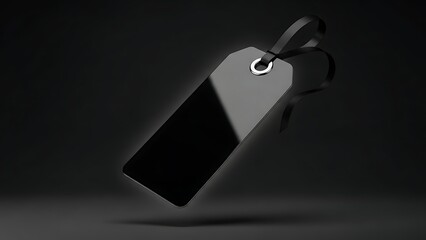 Fototapeta premium Elegant Black Blank Price Tag Floating on Dark Background with Subtle Reflection.